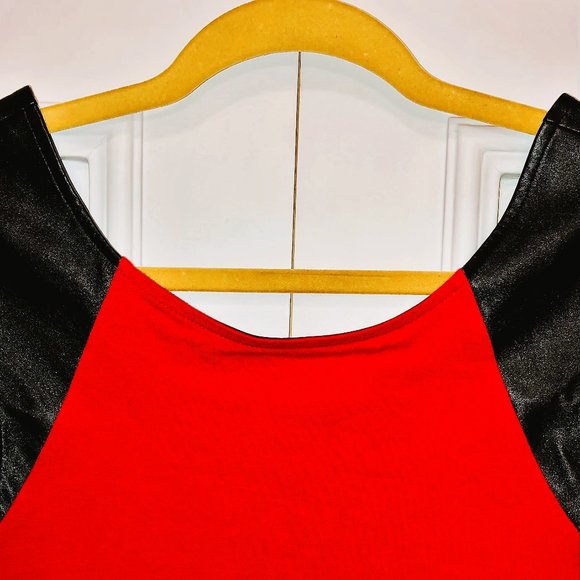Vivid Red Cotton Tank Top with Black Vegan Leather Shoulders by Express - XS - Picture 4 of 16